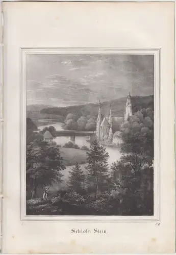Lithografie: Schloss Stein, um 1836, Saxonia, Eduard Pietzsch, Grafik, Ansicht