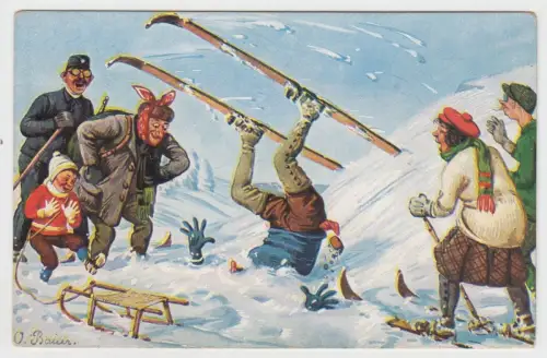 AK Skiunfall - Illustrierte Postkarte von O. Braun, Adolf Klauß & Co. Leipzig
