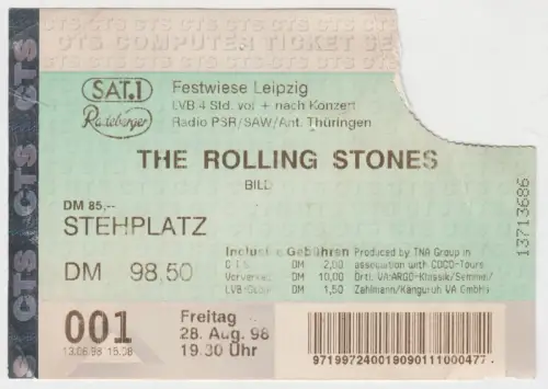 Ticket: The Rolling Stones Ticket 001, 28. August 1998, Festwiese Leipzig