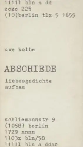 Buch: Abschiede, Kolbe, Uwe. 1988, Aufbau Verlag, und andere Liebesgedichte