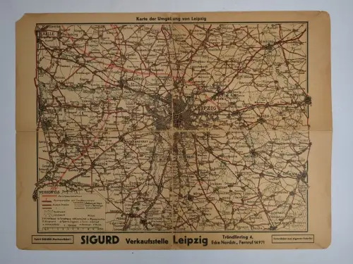 Landkarte: Karte der Umgebung von Leipzig, Werbung SIGURD Verkaufsstelle Leipzig