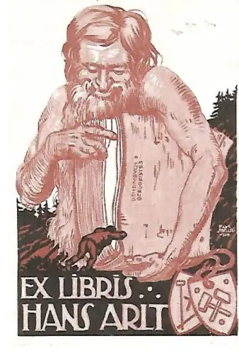 Original Grafik Exlibris: Hans Arit, Buch, Alter Mann, Hammer, Wappen, gut