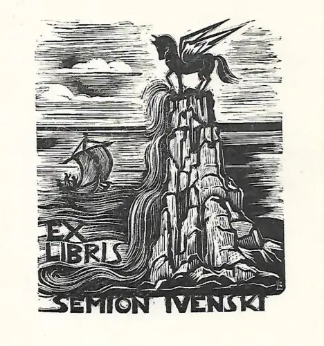 Original Holzschnitt Exlibris: Semion Ivenski, Pegasus, Felsen, Schiff, gut