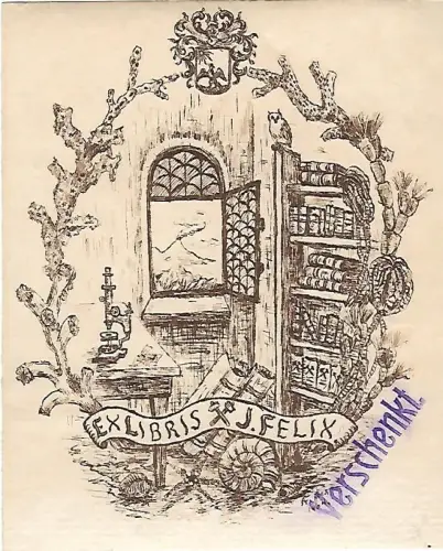 Original Druck Exlibris: J. Felix, Wissenschaft, Buch, Schnecke, gebraucht, gut