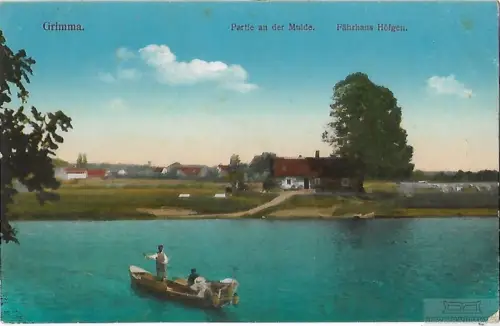 AK Grimma. Partie an der Mulde. Fährhaus Höfgen. ca. 1917, Postkarte. Serien Nr