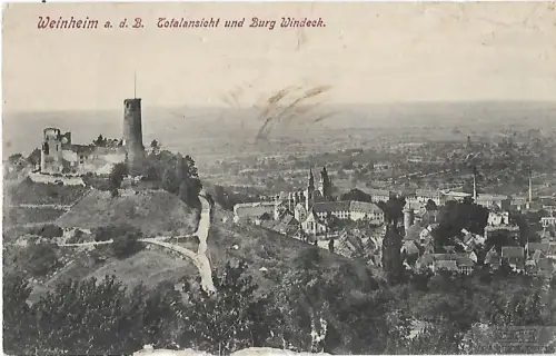 AK Weinheim a.d.B. Totalansicht und Burg Windeck. ca. 1913, Postkarte. Serien Nr