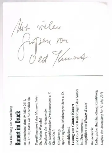 Günter Kunert. Autogrammkarte. Signiert, Autogrammkarte. 2011, gebraucht, gut