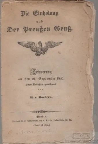 Buch: Die Einholung und Der Preußen Gruß, Berge, Albert vom. 1840