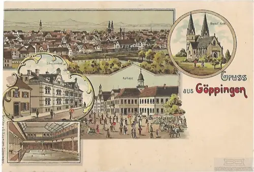 AK Gruss aus Göppingen. Rathaus. Schwimmbad. ca. 1912, Postkarte. Ca. 1912