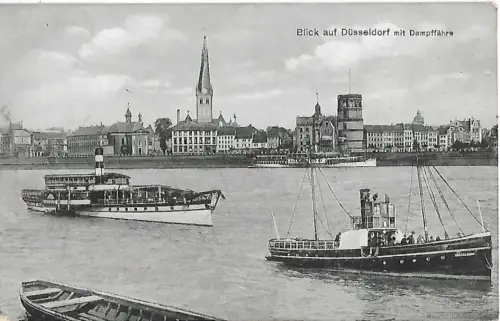 AK Blick auf Düsseldorf mit Dampffähre. ca. 1909, Postkarte. Ca. 1909