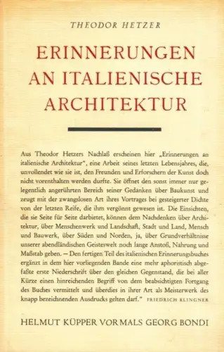 Buch: Erinnerungen an italienische Architektur, Hetzer, Theodor. 1951