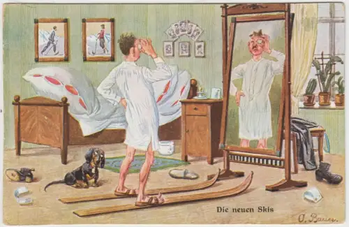 AK Die neuen Skis - Illustrierte Postkarte von O. Braun, Adolf Klauß & Co 349825
