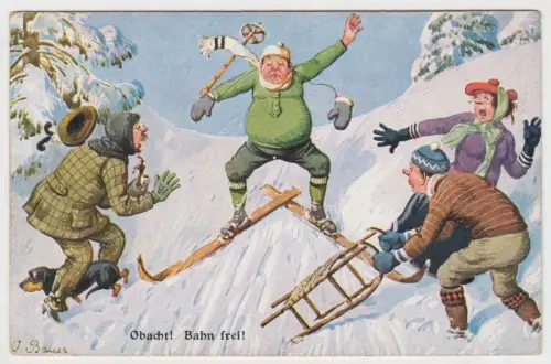 AK Obacht! Bahn frei! - Illustrierte Postkarte von O. Braun, Adolf Klauß & Co.