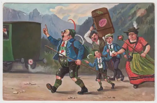 AK Familie in Tracht, Humorvolle illustrierte Postkarte um 1900, ungelaufen