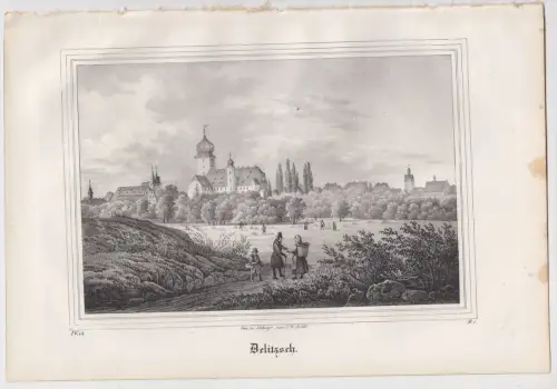 Lithografie: Delitzsch, 1836, Eduard Pietzsch & Comp, Ansicht, Saxonia, Grafik