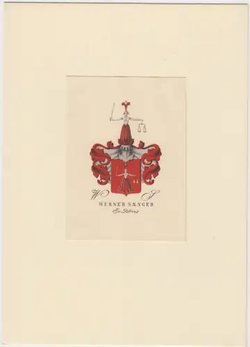 Original Grafik Exlibris: Werner Saenger, Justitia, Wappen, sehr guter Zustand