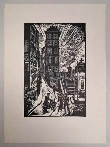 Holzschnitt: Straße mit Lumpensammler, 1927, Sella Hasse, ohne Signatur