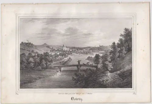 Lithografie: Ostritz, Grafik, Ansicht, um 1836, Eduard Pietzsch, Saxonia
