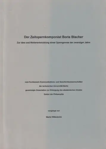 Buch: Der Zeitopernkomponist Boris Blacher, Martin Willenbrink, 1994