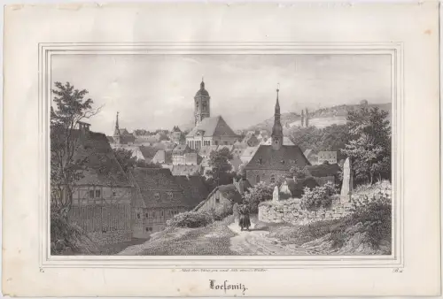 Lithografie: Loesnitz, Grafik, Ansicht, 1836, Eduard Pietzsch, Saxonia, Müller