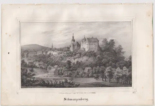 Lithografie: Schwarzenberg, Grafik, Ansicht, 1836, Eduard Pietzsch, Saxonia