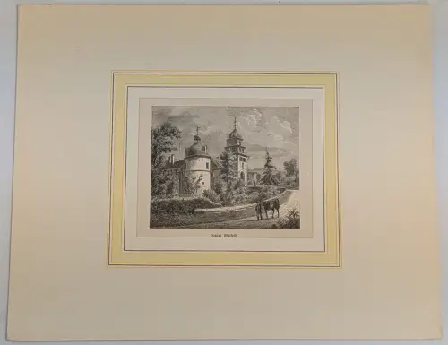 Stahlstich: Schloss Matfeld, Grafik, Ansicht, Pferd, Brücke, historisch