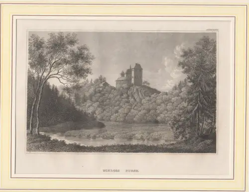 Stahlstich: Schloss Burgk, Grafik, 1839, Hildburghausen, Thüringen, Reuss