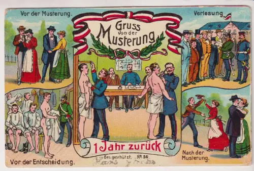 AK Gruss von der Musterung, ca. 1912, gelaufen, gebraucht, gut
