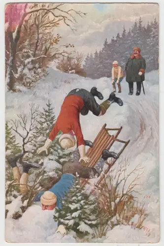 AK Schlittenfahrt ins Gebüsch, Humorvolle illustrierte Postkarte um 1900