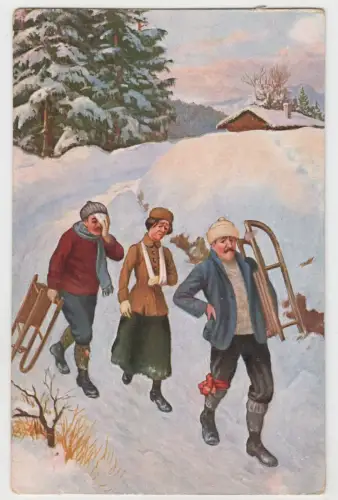 AK Nach der Schlittenfahrt, Humorvolle illustrierte Postkarte um 1900