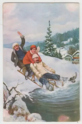 AK Schlittenfahrt in den Teich, Humorvolle illustrierte Postkarte um 1900