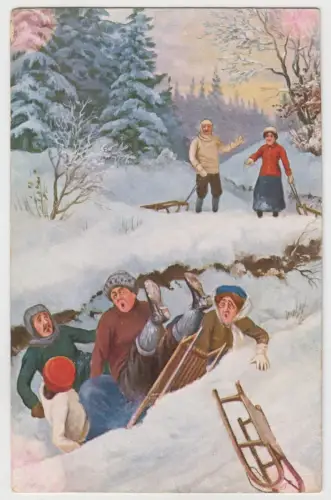 AK Missgeschick bei der Schlittenfahrt Humorvolle illustrierte Postkarte um 1900