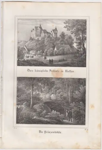 Das königliche Schloss in Nossen & Die Prinzenhöhle, 1835, Saxonia, Lithografie