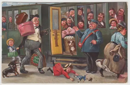 AK Am Bahnsteig, Humorvolle illustrierte Postkarte um 1900, ungelaufen