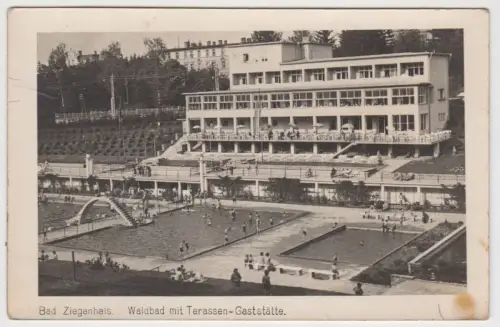 AK Bad Ziegenhals. Waldbad mit Terassen-Gaststätte, Glucholazy Postkarte