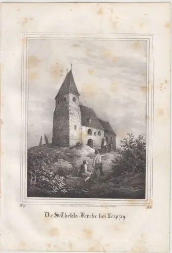 Lithografie: Die St. Thekla-Kirche bei Leipzig, um 1836, Eduard Pietzsch, Grafik