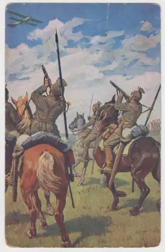 AK Ulanen beschießen ein feindliches Flugzeug, Wohlfahrtskarte, Erster Weltkrieg