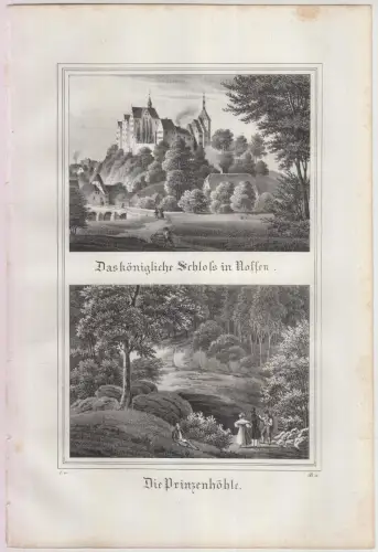 Das königliche Schloss in Nossen & Die Prinzenhöhle, 1835, Saxonia, Litho 346643