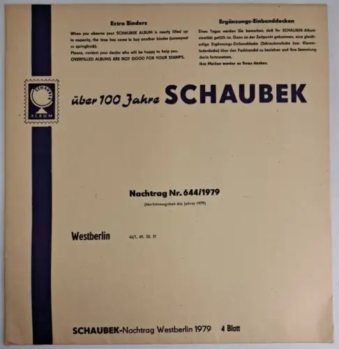 Schaubek Briefmarkenalben Nachtrag Nr. 644/1979 Westberlin, 4 Blatt