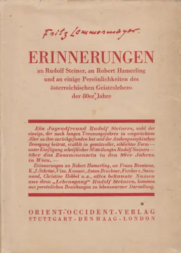Buch: Erinnerungen, Fritz Lemmermayer, 1929, Orient-Occident-Verlag