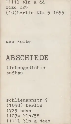 Buch: Abschiede und andere Liebesgedichte. Kolbe, Uwe, 1985, Aufbau Verlag