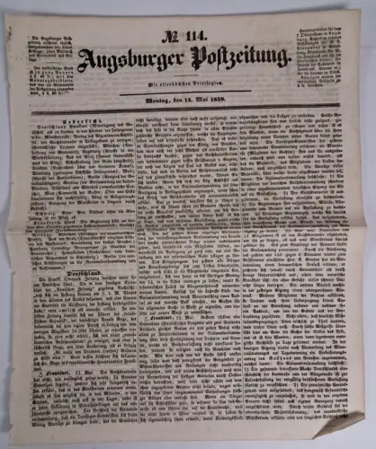 Zeitungsblatt: Augsburger Postzeitung No. 114 / 1849, gebraucht, gut