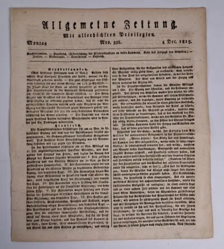 Zeitungsblatt: Allgemeine Zeitung Nro. 338 / 4 Dec. 1815, gebraucht, gut