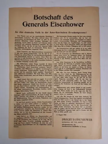 Bekanntmachung: Botschaft des Generals Eisenhower An das deutsche Volk 1945
