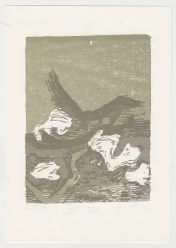 Farbholzschnitt zu G. E. Lessing: Der Adler, Christine Ebersbach, 1982, signiert