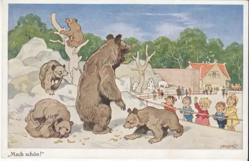 AK Künstlerpostkarte Fritz Baumgarten: Mach schön! Kinder bei den Bären im Zoo