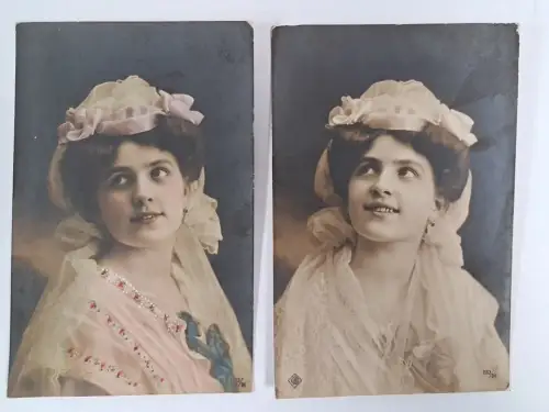 2 AK Portrait junge hübsche Dame mit Schleier um 1900, ähnlich Margarethe Fehim
