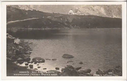 AK Krkonose/Riesengebirge: Maly rybník s chatou - Kleiner Teich m.d. Baude, 1930