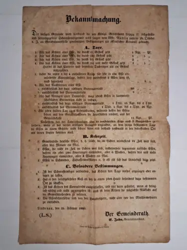 Blatt: Bekanntmachung der Schornsteinfegertaxe, 1860, Gemeindevorstand E. Jahn