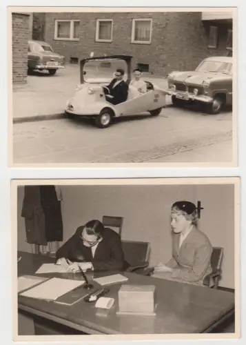 2 Fotografien: Hochzeitspaar im Standesamt und Ehepaar im Messerschmitt KR 200